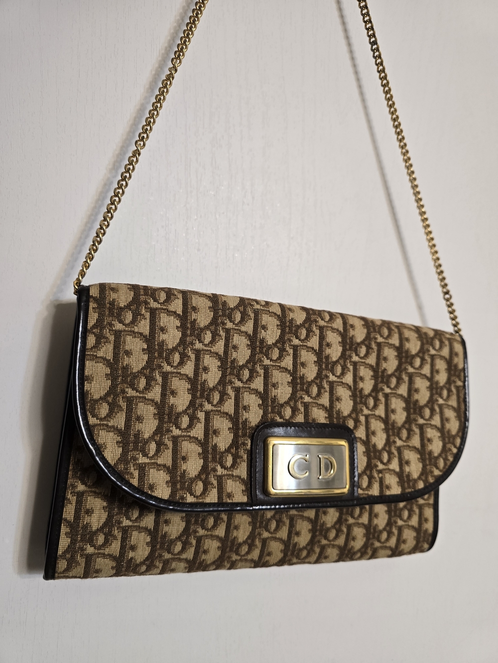 Vintage Christian Dior Brown & Black Monogram Canvas Clutch with Gold Chain